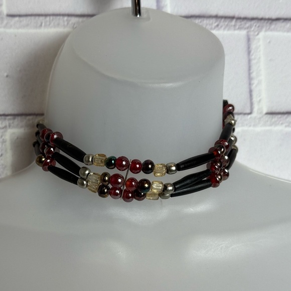 Vintage Handmade Beaded Multi- Strand Choker Necklace - Red, Gold & Black - Picture 2 of 9